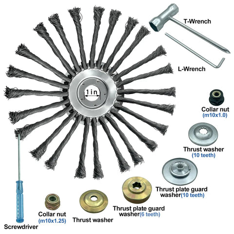10 Inch Steel Wire Weed Wheel Brush Trimmer Head for Weed Eater and Weed Wacker with Adapter Kit and Tools for Rust Removal
