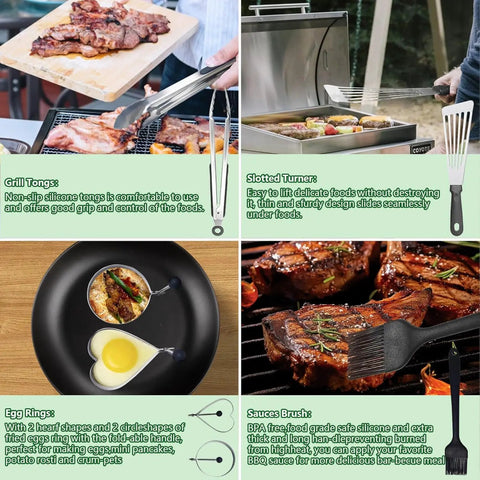 All In One 45 Piece Griddle Accessories Kit For Flat Top Grills Upgraded Spatula Set With cooking tools and dishes in use