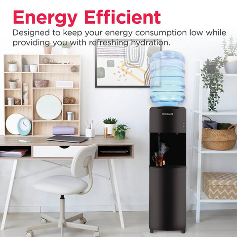 Top Loading Water Cooler Dispenser With Hot And Cold Water And Child Safety Lock Freestanding Slim Space Saving Design For Home Or Office No Fuss 3 Or 5 Gallon Bottles Black shown in a stylish home office with plants and desk.