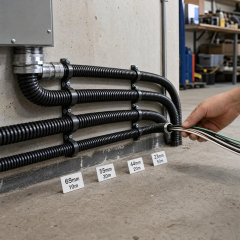 Built Tough Workhorse Corrugated Flexible Conduit Pipe With Compression Fitting Connector For Electrical Cable Routing And Wiring Harness Protection Rated At 20 Bar Pressure In A Sturdy 19 Millimeter Coil installed on wall with various sizes marked.