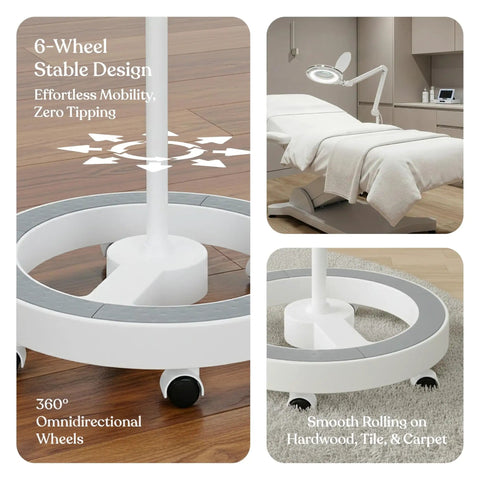 LightView Pro Magnifying Floor Lamp With Stand, six-wheel rolling base with smooth mobility on hardwood, tile, and carpet surfaces.