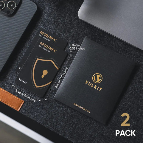 Two Pack RFID Blocking Cards For Wallet Protect Your Credit Debit And ID From NFC Skimming In Business Or Travel No Batteries Needed Durable Shield For Contactless Cards next to packaging, 0.9 mm thick