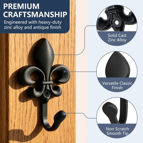 Top Shelf 2 Pack Black Wall Hooks for Kitchen and Bathroom, Vintage Farmhouse Decor, heavy-duty zinc alloy hook with classic finish.