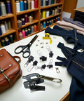 Six Pack Universal Zipper Repair Kit Black Sliders Quick Fix Replacement For Most Zippers on table with sewing tools