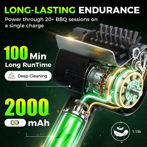 Cordless USB Rechargeable Grill Brush For Grillin On The Go With High Speed 1100 RPM Motor, highlighting battery and bristles