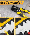 Self Adjusting 3 In 1 Wire Stripper Cutter And Crimp Tool For 10 24 AWG Electrical Cables shown in black and yellow with wire terminals.