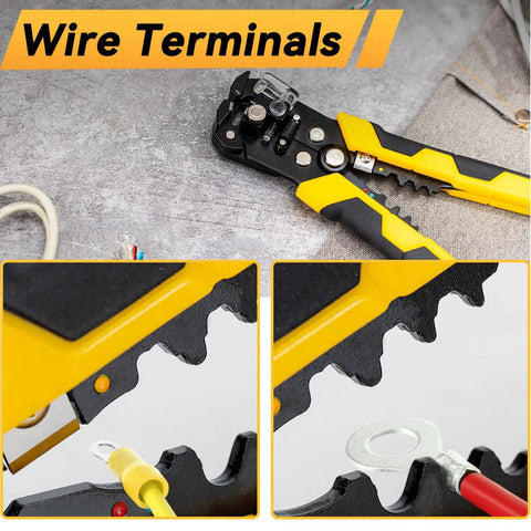 Self Adjusting 3 In 1 Wire Stripper Cutter And Crimp Tool For 10 24 AWG Electrical Cables shown in black and yellow with wire terminals.