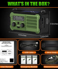 Emergency Hand Crank Solar Radio With 10000mAh Battery And 37000mWh Power Bank, NOAA AM FM Weather Radio, box contents shown