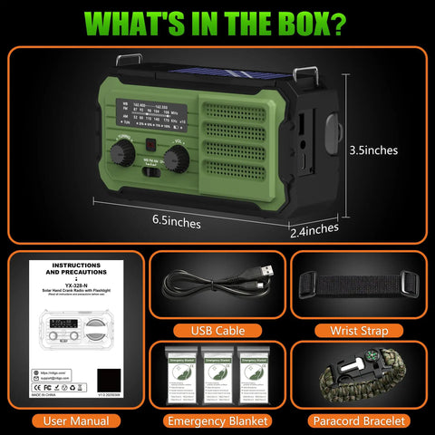 Emergency Hand Crank Solar Radio With 10000mAh Battery And 37000mWh Power Bank, NOAA AM FM Weather Radio, box contents shown
