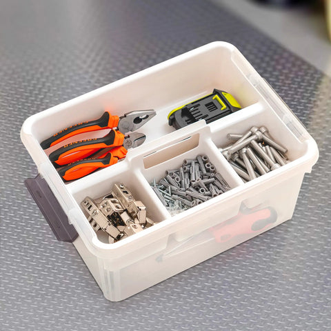 17 Quart Clear Plastic Storage Bins With Four Compartment Removable Tray, Stackable Latching Box With Easy Grip Handle, tools visible