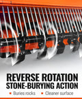Close-up of reverse rotation stone-burying action on 48 Inch Stone Burying Reverse Rotation Rotary Tiller With 3 Point Hitch Cat 1 Chain Drive PTO Shaft Included And Slip Clutch For 20 To 45 HP Tractors Ready To Go.
