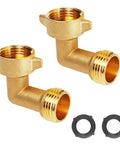 Two Pack Brass 90 Degree Garden Hose Elbow Connectors for Three Quarters Inch Hoses with Washers