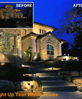 Low Voltage Outdoor LED Landscape Spotlights Set 12V Plug In IP65 highlighting house facade and steps at night