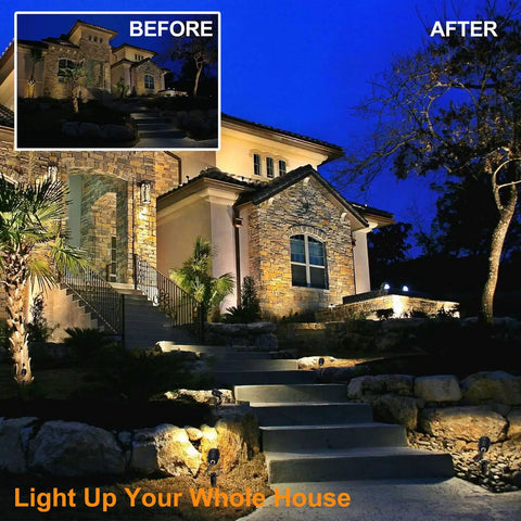 Low Voltage Outdoor LED Landscape Spotlights Set 12V Plug In IP65 highlighting house facade and steps at night