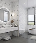 Modern bathroom with Hex Blanco Porcelain Floor And Wall Tile Dope White Hex Tile 8 5 Eighths By 9 7 Eighths Inches glazed walls.