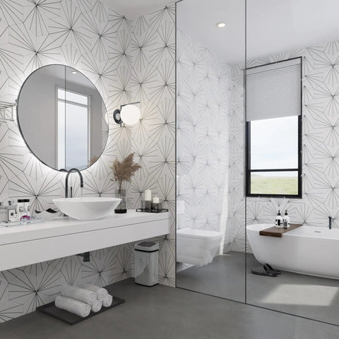 Modern bathroom with Hex Blanco Porcelain Floor And Wall Tile Dope White Hex Tile 8 5 Eighths By 9 7 Eighths Inches glazed walls.