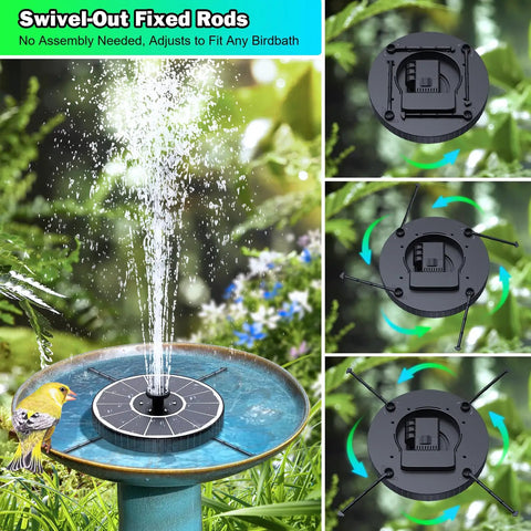Sun Powered 3.5W Glass Solar Fountain With Swivel-Out Rods LED Lights in action with detailed assembly view.