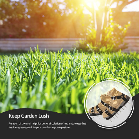 Lawn Aerator Shoes With Spike Tines For Easy Soil Aeration Durable Plates And A Secure Adjustable Three Strap Buckle Slip Resistant Footwear on a lush green lawn.