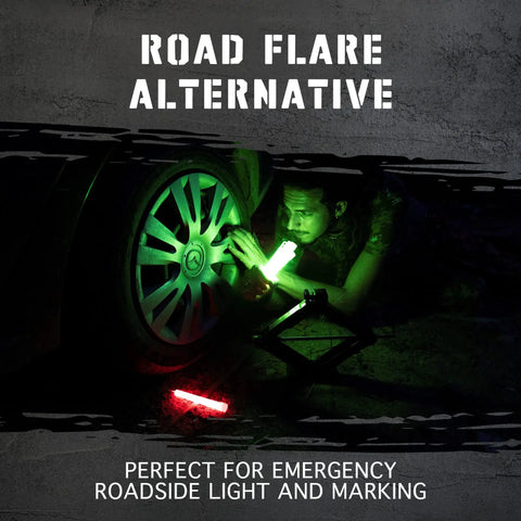 Man using green emergency glow sticks as road flare alternative during nighttime vehicle repair