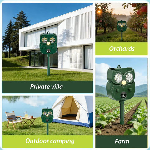 Solar Owl Motion Sensor Deterrent With Ultrasonic Sound And LED Flash Alerts For Outdoor Use Protect Your Garden Yard Patio And Perimeter From Pests Easy Setup Motion Activated Safe For Pets in villa, orchard, camping and farm