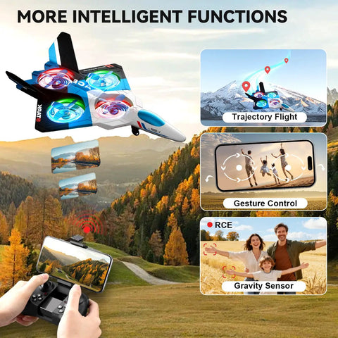 Foam RC Planes With 1080P Camera For Kids And Adults Ages 8 To 16 Easy To Fly One Key Takeoff Lighted Jet functions diagram