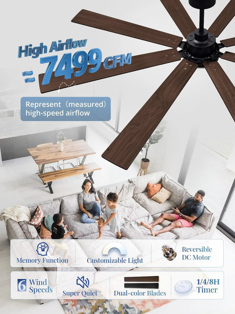 72 Inch Ceiling Fan With Lights And Remote Dual Sided Reversible Blades Quiet DC Motor Damp Rated For Indoor Or Outdoor Use