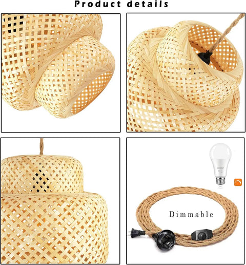 Dope Boho Plug In Pendant Light With Macrame Shade Two Pack showing natural cotton rope detail, LED bulb, and dimmable cord.
