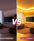 Room before and after installing Warm White Cob LED Strip Light 2700K 10m Ultra Dense 5120 LEDs Per Roll 24V DC Seamless Glare Free Lighting