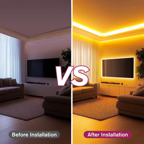 Room before and after installing Warm White Cob LED Strip Light 2700K 10m Ultra Dense 5120 LEDs Per Roll 24V DC Seamless Glare Free Lighting