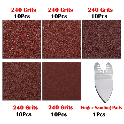 51Pcs 50mm Triangular Finger Oscillating Sanding Pads Kit, 240 grit, 6 sanding pads and finger sand disc for multi tools