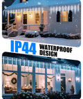 Outdoor Icicle Lights With Clips 20 Ft 100 LED Twinkling White Christmas String Lights, 20 Tubes, Connectable and Waterproof For Eaves, Patio, and Holiday Outdoor Decor on a snowy porch and window display