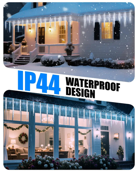 Outdoor Icicle Lights With Clips 20 Ft 100 LED Twinkling White Christmas String Lights, 20 Tubes, Connectable and Waterproof For Eaves, Patio, and Holiday Outdoor Decor on a snowy porch and window display