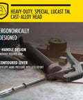 Compact Pistol Grip Grease Gun With 3 Oz Cartridge Black Built For One Hand Operation Lightweight Easy To Use For Hard To Reach Jobs Two Way Loading Cartridge Or Bulk Heavy Duty Cast Alloy Head on concrete floor next to tools.
