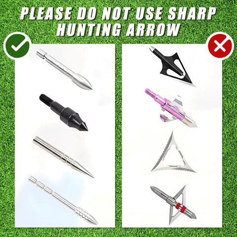 Comparison of safe and unsafe arrows for Backyard Ready 24 Inch EVA Foam Archery Target Block With Pins For Easy Backyard Practice Includes 20 Paper Arrow Targets Rubber Arrow Puller And Spike Stakes For Compound Bow Shooting.