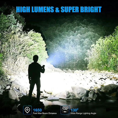 Person using Beast Bright LED Magnetic Flashlight With USB Type C Rechargeable Battery, illuminating forest scene