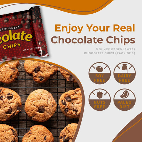 Vegan Semi Sweet Real Chocolate Chips For Baking Three 9 Oz Bags Gluten Free Dairy Free Kosher Parve Low Calorie Chips packaging