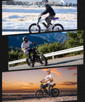 Rider on 750W Fat Tire Electric Bike For Adults With Wheelie Capability in snow, mountain, and beach settings.