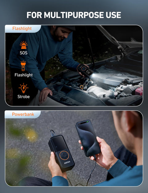 Compact L4 Tire Inflator Portable Air Compressor 150 PSI with LED light used as flashlight for car repair and power bank use