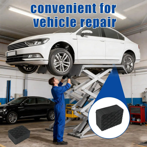 Mechanic using 4 Pack Solid Rubber Auto Lift Pads For 3000 Lb Heavy Duty Jack Stands Anti Slip Lift Blocks For 2 Post And 4 Post Car Lifts.