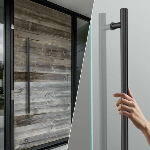 60 Inch Double Sided Push Pull Door Handle Built To Last Heavy Duty Stainless Steel Ladder Pull For Commercial Glass Wood Barn And Metal Doors Matte Black Finish 59.06 Inch Length 47.24 Inch Mount Spacing 2.05 Inch Standoff, mounted on wood door