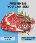 Beef ribeye steak with rosemary and salt; illustration of vacuum-sealed vs non-vacuum sealed in kitchen