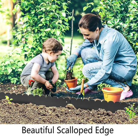 Heavy Duty Galvanized Steel Landscape Edging Kit 20 Foot With Scalloped Design used in garden with child and parent planting