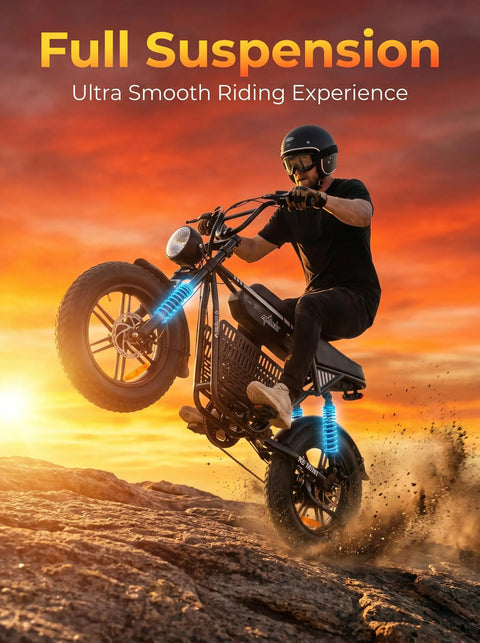 R6mini 1000W Fat Tire Electric Bike With Front Light And Bluetooth Speaker on rocky terrain at sunset