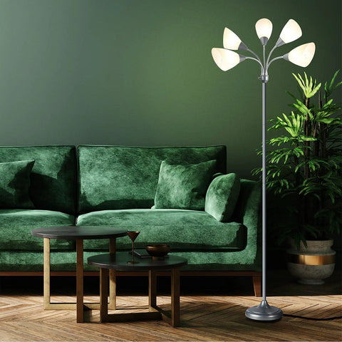 Five Head Medusa Floor Lamp With Large Frosted Shade No Fuss Adjustable Gooseneck Reading Lights in modern living room