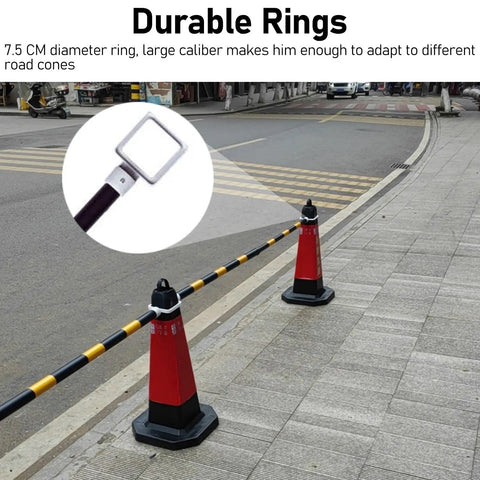 Ten Piece Blue Retractable Traffic Cone Connector Bars Rock Solid PVC Bar Links Zero Nonsense Setup For Parking Lots Construction Zones And Crowd Control Dividers with durable rings attached to cones.