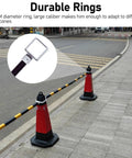 Built Like A Tank Retractable Traffic Cone Barriers With Snap Lock Posts For Parking Lots And Job Sites Heavy Duty Plastic Warning Markers for Construction Zones and Driveways Zero Fuss Setup Guaranteed, showing durable rings with 7.5 CM diameter.