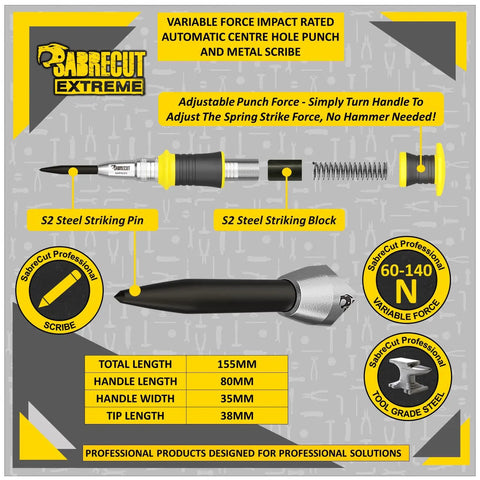 Smooth Operator Automatic Variable Force Center Punch Precision Scribe Tool For Job Site features adjustable force and S2 steel tip.