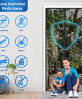 Upgraded PET Mesh Magnetic Screen Door With Hands Free Entry That Is Stronger Than Fiberglass And Polyester Keeps Bugs Out Pet And Kid Friendly Fits Sliding Doors Patio And French Doors 74 By 80 Inches in doorway, diagram showing bug protection.