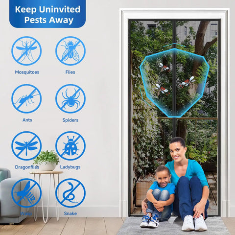 Upgraded PET Mesh Magnetic Screen Door With Hands Free Entry That Is Stronger Than Fiberglass And Polyester Keeps Bugs Out Pet And Kid Friendly Fits Sliding Doors Patio And French Doors 74 By 80 Inches in doorway, diagram showing bug protection.