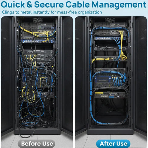 Comparison of cable management before and after using Magnetic Cable Tie Set With 25 Mounts And 200 Self Locking Ties.